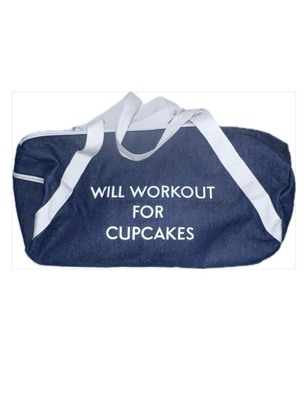 Duffel Bag  'Will Workout For Cupcakes' Graphic Print in White /Denim NWOT